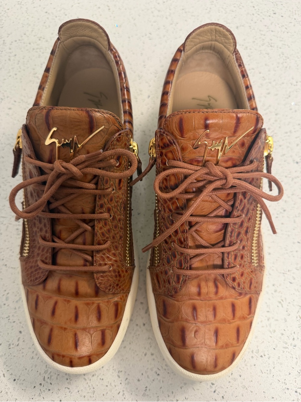 Giuseppe Zanotti Men’s Cognac Croc-Embossed Leather Sneakers with Gold Hardware
